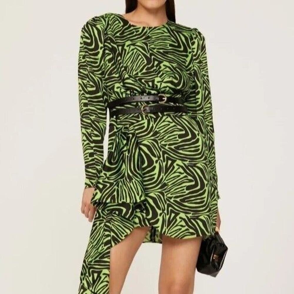 Rent the runway size 4 low cut ronny kobo zebra print green dress ruffle animal